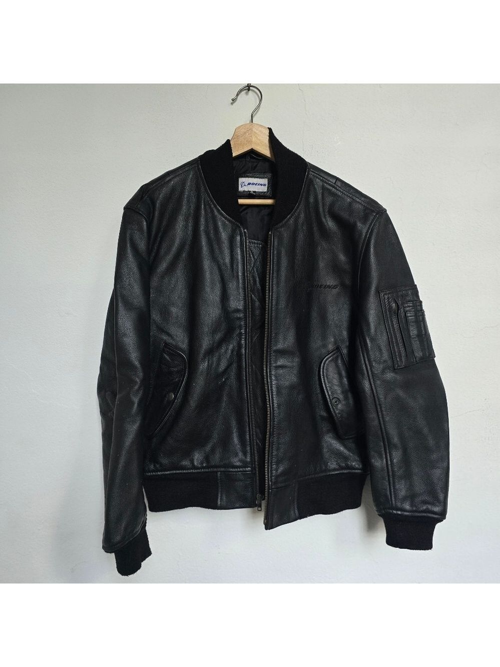 BOIENG Black Leather MA-1 Flight Jacket Cowhide Grain Small